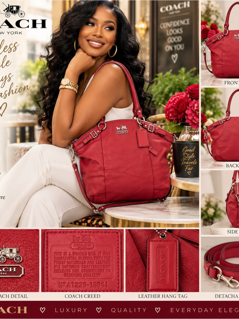 Coach coral/pinkish Leather Shoulder Bag with Removable Strap